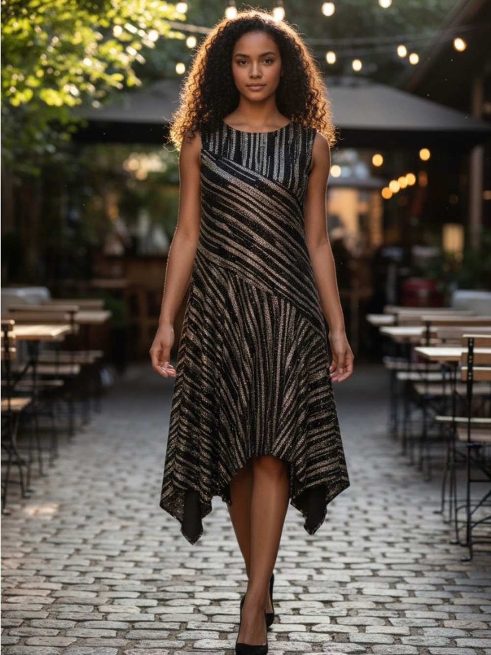*New W/ Tag* Calvin Klein Black & Gold Striped Handkerchief-Hem Dress
